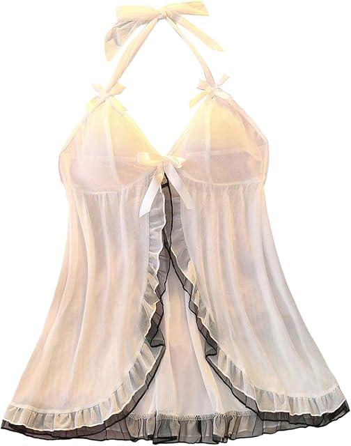 Women's Open Front Halter Sheer Chemise Bowknot Spaghetti Strap Mesh Babydoll Nightgowns