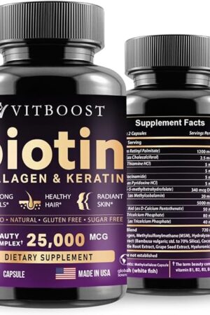 Biotin with Hyaluronic Acid, Collagen and Keratin ? 25000 mcg Hair Growth Vitamins for Men and Women ? Nails and Skin, USA Made - Third Party Tested, B1, B2, B3, B6, B7 Complex - 60 Capsules