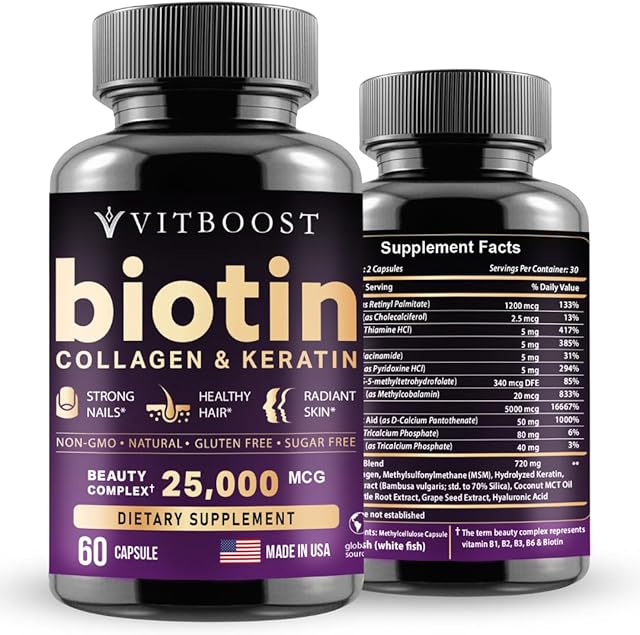 Biotin with Hyaluronic Acid, Collagen and Keratin ? 25000 mcg Hair Growth Vitamins for Men and Women ? Nails and Skin, USA Made - Third Party Tested, B1, B2, B3, B6, B7 Complex - 60 Capsules