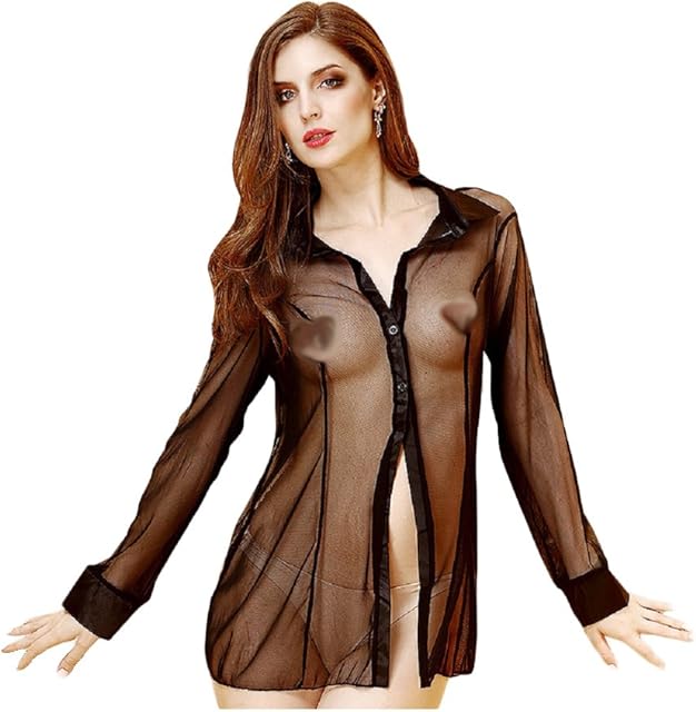Women's Sexy Long Sleeve Mesh Blouse Sheer See Through Shirt Sleepshirt Sleepwear Lingerie