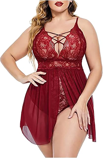 Womens Plus Size Babydoll Lingerie Lace Chemise Sexy Mesh Sleepwear Deep V Teddy Nightdress for Sexy Naughty Play