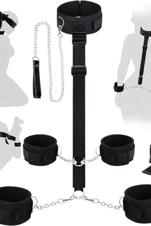 BDSM Bondage Toys Kit, Neck to Wrist Restraints Set, Bondage Gear & Accessories Adult Toys, Adjustable Neck to Wrist Bondage Restraints with Traction Chain Blindfold