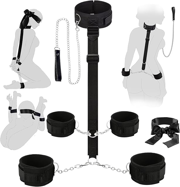 BDSM Bondage Toys Kit, Neck to Wrist Restraints Set, Bondage Gear & Accessories Adult Toys, Adjustable Neck to Wrist Bondage Restraints with Traction Chain Blindfold