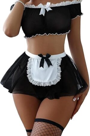 Women Mini Skirt Mesh Sheer Lace French Maid Costume Outfit Sexy Lingerie with Thong Set