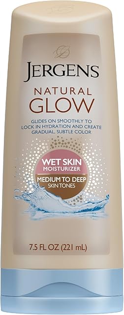 Jergens Natural Glow In Shower Lotion, Self Tanner for Medium to Deep Skin Tone, Sunless Tanning Wet Skin Lotion for Gradual, Flawless Color, 75 Ounce (Packaging May Vary)