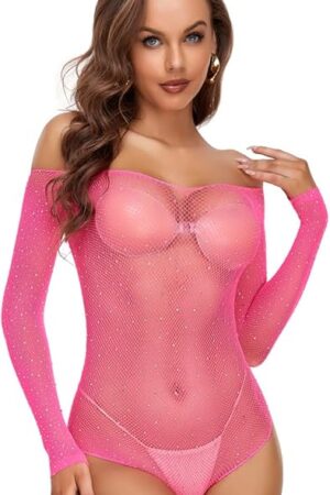 Women Fishnet Lingerie Sparkly Rhinestone Bodysuit, Black Sexy One Piece Mesh Teddy Lingerie, Rave Outfits