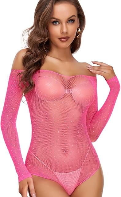Women Fishnet Lingerie Sparkly Rhinestone Bodysuit, Black Sexy One Piece Mesh Teddy Lingerie, Rave Outfits