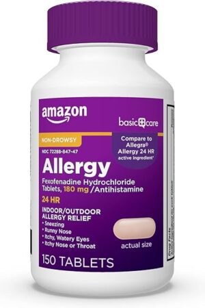 Amazon Basic Care All Day Allergy Relief, Fexofenadine Hydrochloride Tablets, 180 mg, Antihistamine, Non-Drowsy, 24-Hour Relief, 150 Count