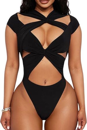 Women's Sexy Criss Cross Cutout Short Sleeves Solid Nightclub Bodysuit Top