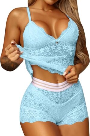 2pc Sexy Lingerie for Women See Through Florlal Lace Tank Top and Shorts Lingerie Set Teddy Babydoll Sleepwear