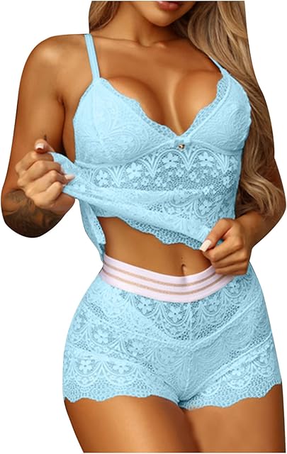 2pc Sexy Lingerie for Women See Through Florlal Lace Tank Top and Shorts Lingerie Set Teddy Babydoll Sleepwear