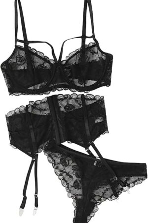 Womens Sexy Halloween Lingerie Set Bra and Panty Sets with Garter Belt 3 Pieces