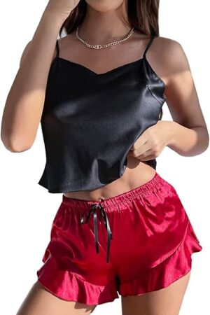 Women's Sexy Silk Satin Pajamas Sets Trim Cami Loungewear Tops Shorts Sleepwear Pj Sets