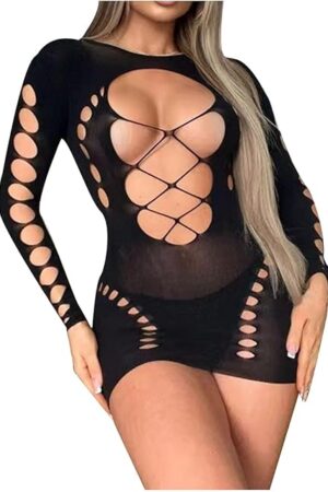 Womens Fishnet Lingerie Strappy Long Sleeve Babydoll Dress Sexy Clubwear Naughty Nightwear Rave Outfits