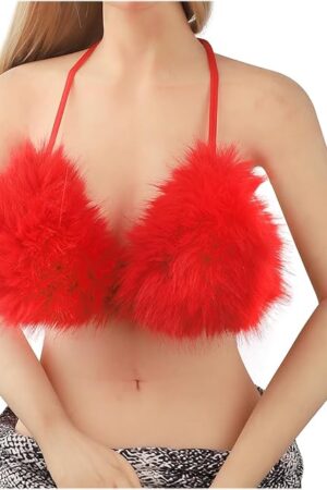 Women's Faux Beach Bikini Top Halter Backless Sexy Nightclub Furry Lingerie Bra Top Ladies