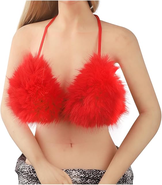 Women's Faux Beach Bikini Top Halter Backless Sexy Nightclub Furry Lingerie Bra Top Ladies
