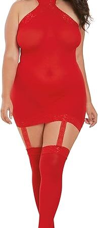 Women's Plus Size Semi-Sheer Halter Garter Dress with Thigh High Stockings, Red, O/SQ