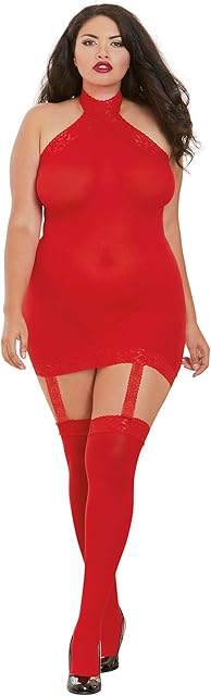 Women's Plus Size Semi-Sheer Halter Garter Dress with Thigh High Stockings, Red, O/SQ