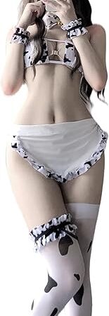 Womens Anime Cow Bikini Cosplay Lingerie Lolita Kawaii Bra and Panty Set Japanese Underwear Cow Stocking