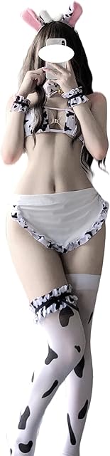 Womens Anime Cow Bikini Cosplay Lingerie Lolita Kawaii Bra and Panty Set Japanese Underwear Cow Stocking