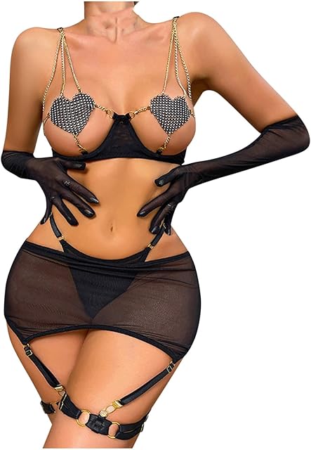 Women Sexy Heart Lingerie Set with Choker Strappy Garter Belt Push Up Underwire and Panty Sets with Skirt Gloves