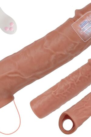 Vibrating Male Sex Toys Penis Extender Sleeve SetDetachable Cock Sleeve Vibrator with 10 Vibrations, Realistic Penis Ring for Men Couples Penis Enlargement, Prolonged Erection - Brown Kit