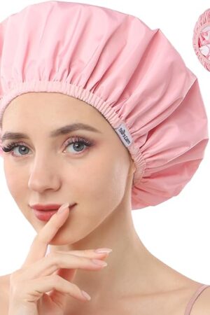 Years Calm Shower Caps For Women Reusable Waterproof，Pattern And Solid Color Dual-Layer Design For Dual-Layer Usable，Protects Hair In Shower, Spa, Cooking, Clean & Travel (Pink, One Size)