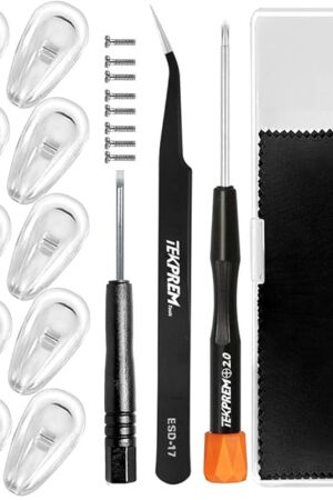 Eyeglasses Nose Pads, TEKPREM Screw in Glasses Nose Pads Replacement Repair Tools Kit with 5 Pairs of Air Chamber Silicone Nose Pads,Screws,Screwdrivers,Tweezer & Cleaning Cloth for Sunglasses