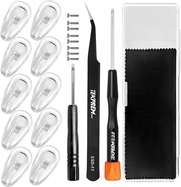 Eyeglasses Nose Pads, TEKPREM Screw in Glasses Nose Pads Replacement Repair Tools Kit with 5 Pairs of Air Chamber Silicone Nose Pads,Screws,Screwdrivers,Tweezer & Cleaning Cloth for Sunglasses