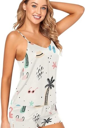 Beach Theme Pajama Set for Women Sexy Lingerie Satin Sleepwear Cami Shorts Nightgowns