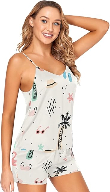 Beach Theme Pajama Set for Women Sexy Lingerie Satin Sleepwear Cami Shorts Nightgowns