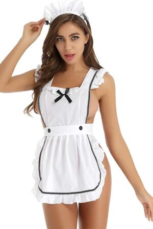 Women's Ruffle Cosplay French Maid Apron Lingerie Costumes Babydoll Maid Dress Uniform Set