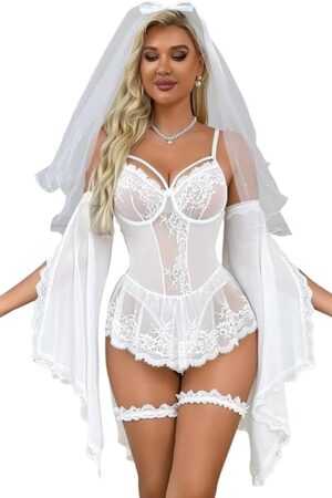 Corset Lingerie Set,Sheer Floral Lace Body Suits Women,4 Piece Sexy Outfits Bridal Wedding Halloween Costume