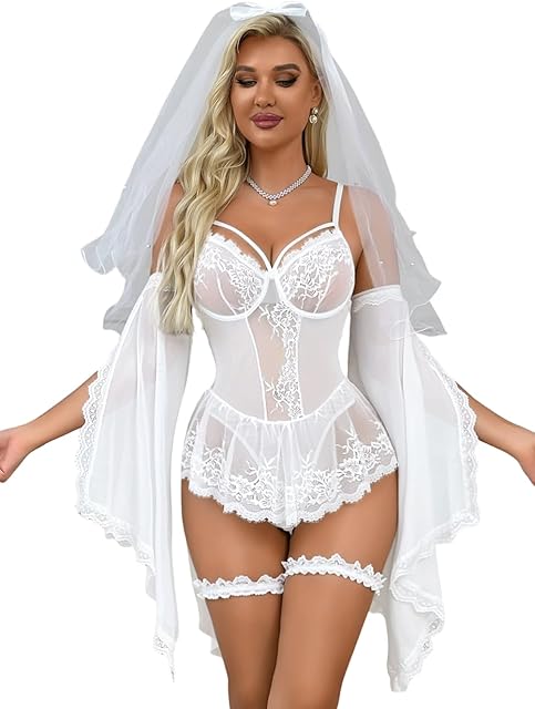 Corset Lingerie Set,Sheer Floral Lace Body Suits Women,4 Piece Sexy Outfits Bridal Wedding Halloween Costume