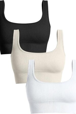 Women's 3 Piece Medium Support Tank Top Ribbed Seamless Removable Cups Workout Exercise Sport Bra