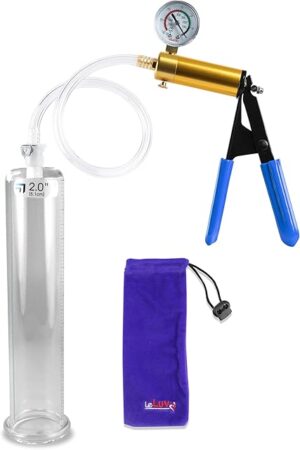 LeLuv Penis Pump Kit Ultima - Brass Handle, Blue Rubber Grips, Clear Hose + Gauge - 9" x 200" Cylinder