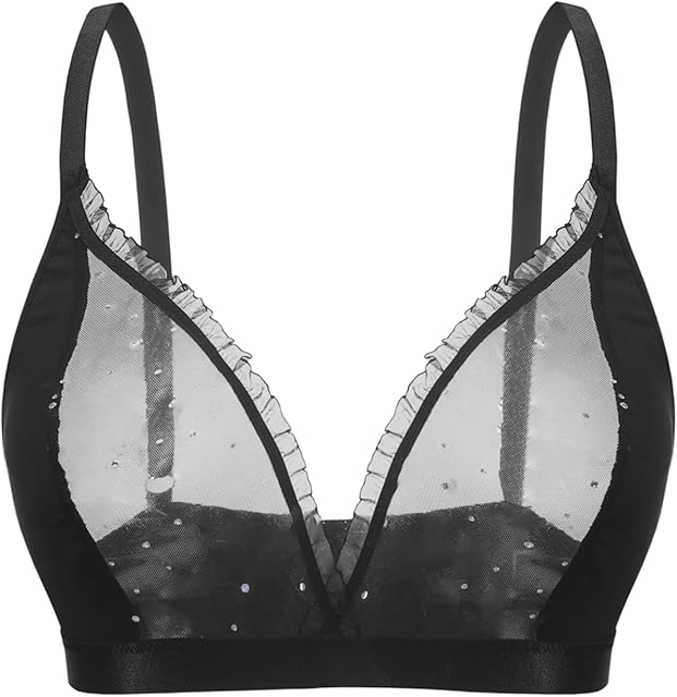 Women's Plus Size Sequin Sparkly Mesh Bralette See Through Sheer Wireless Lingerie Bras