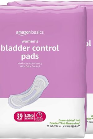 Amazon Basics Incontinence Pads for Women Long, Bladder Control, Postpartum, Maximum Absorbency, Unscented, 78 Count (2 Packs of 39)