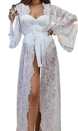 Women's Lace Bride Robes Sexy Sheer Lingerie Long Sleeve Kimono Robe Floor Length Bridal Gown