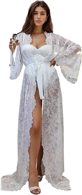 Women's Lace Bride Robes Sexy Sheer Lingerie Long Sleeve Kimono Robe Floor Length Bridal Gown