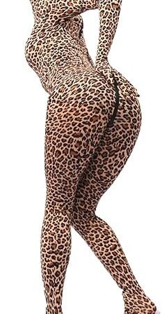 Women's Sexy High Elastic Leopard Bodysuit Catsuit Zipper Crotch Zentai Suit Unitard Jumpsuit with Gloves Hood