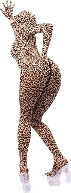 Women's Sexy High Elastic Leopard Bodysuit Catsuit Zipper Crotch Zentai Suit Unitard Jumpsuit with Gloves Hood