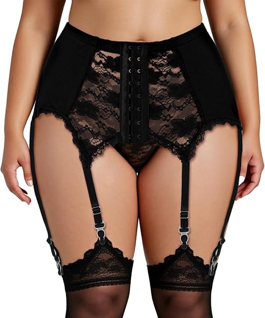 Women High-Waist Floral Lace Garter Belt Plus Size Suspender Belt Set with 6 Straps Metal Clip for Thigh Highs (No Stocking)