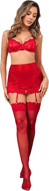Women's 5 Piece Lingerie Set Lace Mesh Underwire Garter Lingerie Set Sexy Chemise Sleepwear Set
