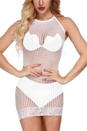 Women Fishnet Lingerie Mesh Hole Strap Chemise Babydoll Mini Dress