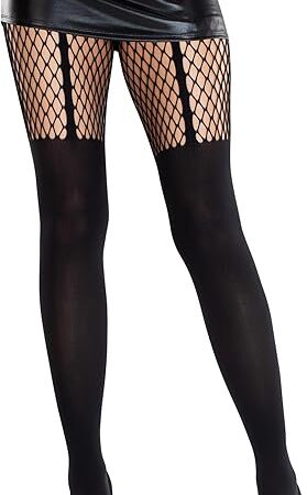 Womens Seamless Black Fishnet Tights for Women with Opaque Garter Illusion and Net Thigh Detail, Black, One Size