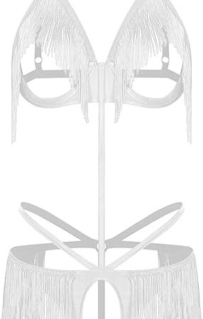 Womens Deep V Lingerie Fringe Underwire Bra T-back Thongs Teddy One Piece Babydoll Mini Bodysuit