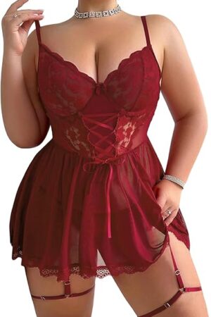Women Plus Size Lingerie Mesh Babydoll Dress Sexy Lace Nightgown Lace Up Sleepwear Nighty with Gater Belt