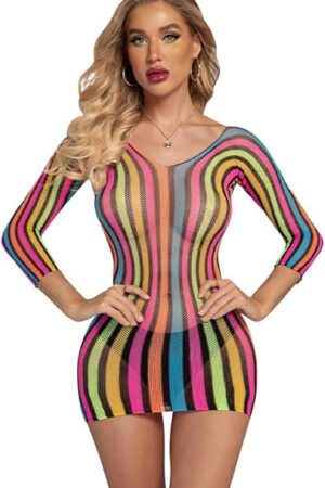Women's Fishnet Dress Swimwear Bikini Mesh Lingerie Dancewear Fishnet Set Rainbow Dress Free Size
