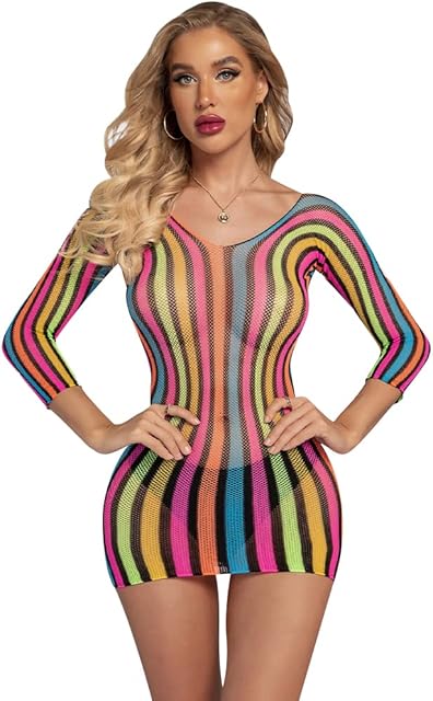 Women's Fishnet Dress Swimwear Bikini Mesh Lingerie Dancewear Fishnet Set Rainbow Dress Free Size